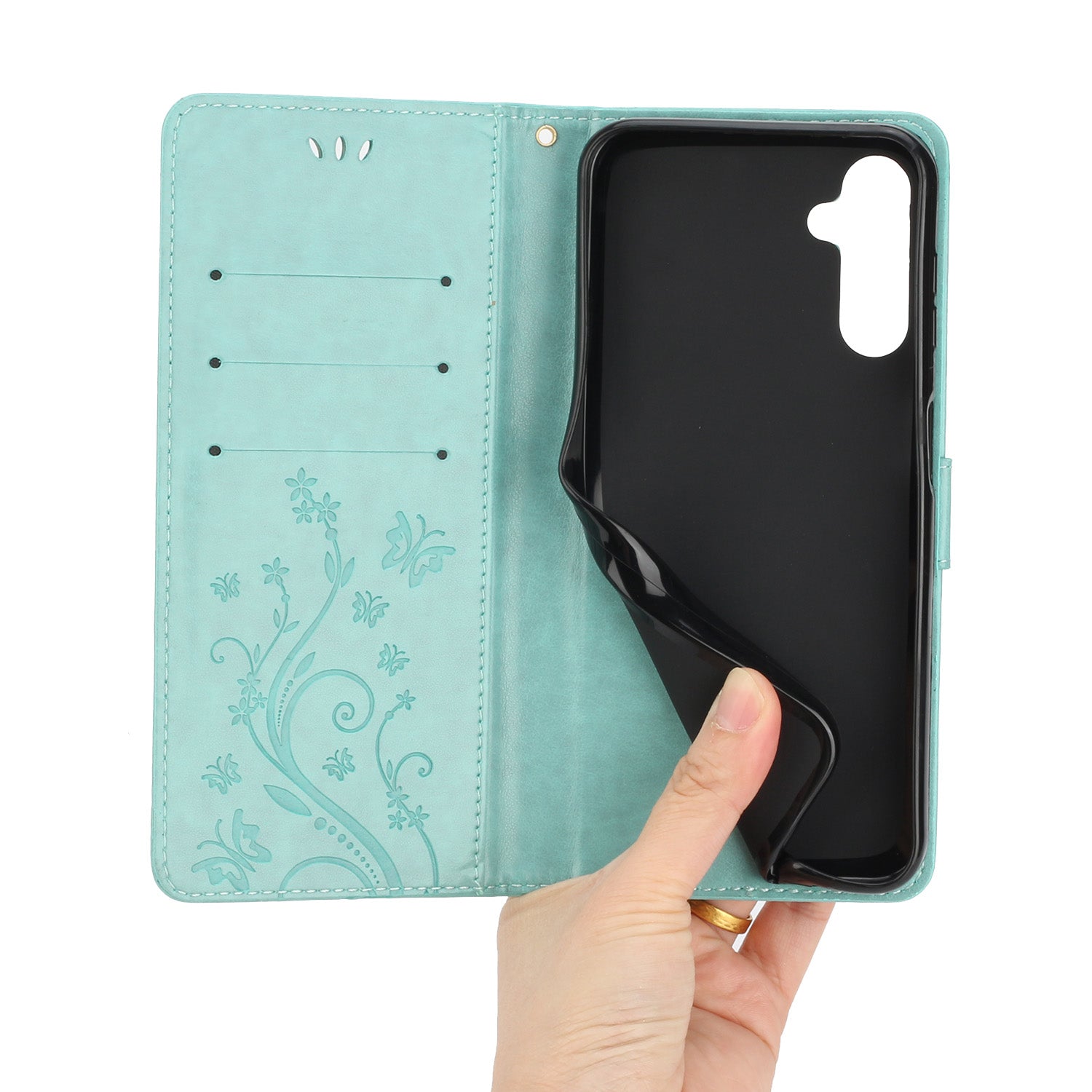 Uniqkart for Samsung Galaxy M14 5G Imprinted Butterflies PU Leather Phone Case Wallet Cover Stand with Strap - Baby Blue Uniqkart for Samsung Galaxy M14 5G Imprinted Butterflies PU Leather Phone Case Wallet Cover Stand with Strap - Baby Blue